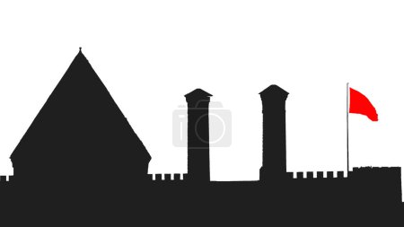 Ilustración de Doble minarete Madrasah, castillo, cúpula, bandera. Edificios históricos en Erzurum. Ilustración vectorial - Imagen libre de derechos