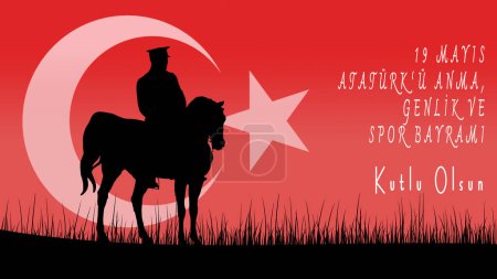 Illustration for 19 Mayis Ataturk'u Anma Genclik ve Spor Bayrami. Translated: May 19 is the commemoration of Ataturk, youth and sports day. Ataturk and Turkish flag. - Royalty Free Image