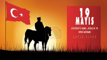 Illustration for 19 Mayis Ataturk'u Anma Genclik ve Spor Bayrami. Translated: May 19 is the commemoration of Ataturk, youth and sports day. Ataturk and Turkish flag. - Royalty Free Image