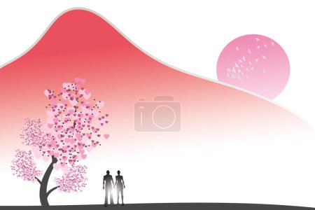 Una representación abstracta del amor con una silueta de parejas contra una puesta de sol, acentuada por un árbol en forma de corazón y un cielo rosado. Ilustración vectorial