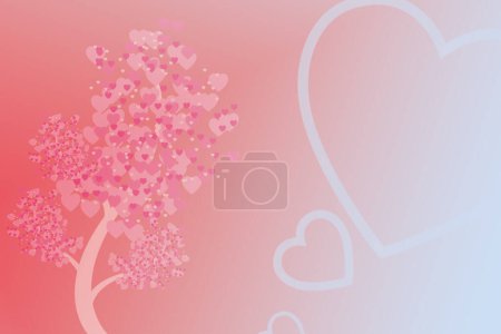 A serene, love-themed background featuring a tree with leaves in the shape of hearts, gradient shades from pink to white. Vector illustration