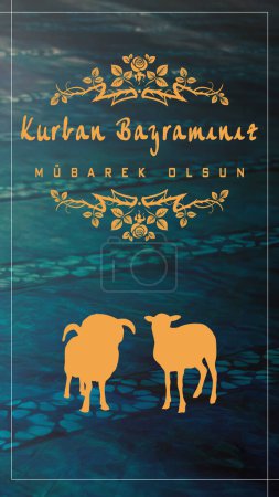 Kurban Bayraminiz Kutlu Olsun or Eid al-Adha card showcasing silhouette sheep with intricate floral designs. Vector illustration