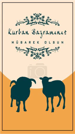 Kurban Bayraminiz Kutlu Olsun oder Elegante Eid al-Adha Grußkarte mit Schafsilhouetten und Blumengirlande. Vektorillustration
