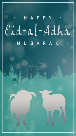 Feiern Sie Eid al-Adha mit dieser heiteren Grußkarte, die Schafsilhouetten und eine Moschee-Kulisse zeigt, ideal für Geschichten und Posts in den sozialen Medien. Vektorillustration