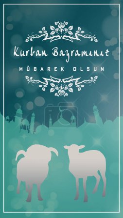 Kurban Bayraminiz Mubarek Olsun oder Eid al-Adha mit dieser heiteren Grußkarte, die Schafsilhouetten und eine Moschee-Kulisse zeigt, ideal für Geschichten und Posts in den sozialen Medien. Vektorillustration