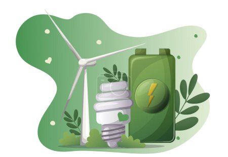 Illustration for Concept renewable, green energy planet. windmill, battery, energy-saving lamp. vector for education flat - Royalty Free Image