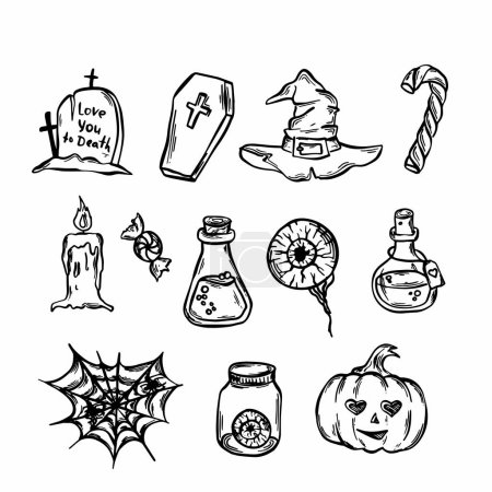 Conjunto de iconos concepto Halloween. Elementos de diseño dibujados a mano en estilo de boceto para folleto de vacaciones, 