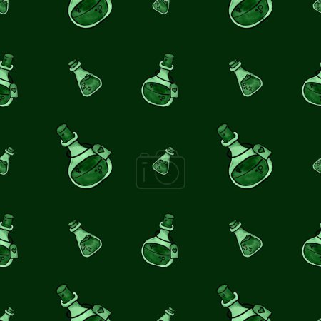 Photo for Hand drawn seamless pattern with witch potions on green backgrou - Royalty Free Image