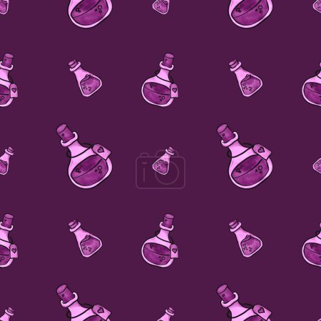 Photo for Hand drawn seamless pattern with witch potions on purple backgro - Royalty Free Image