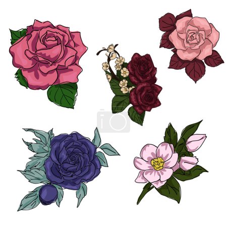 Reihe gezeichneter farbiger Blumen. Zeichentrickskizze auf weißem Hintergrund