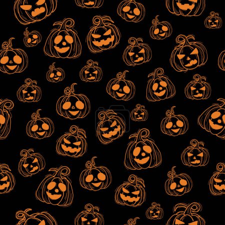 Muster gezeichneter Halloween-Kürbis mit unterschiedlichen Gesichtern. Orangefarbene Skizze auf schwarzem Hintergrund