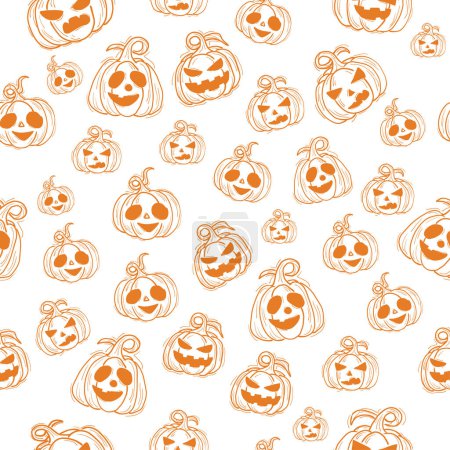 Muster gezeichneter Halloween-Kürbis mit unterschiedlichen Gesichtern. orangefarbene Skizze auf weißem Grund