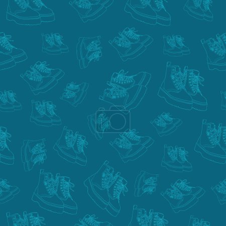 hand drawn pair of sneakers. linear art. seamless pattern on a blue background