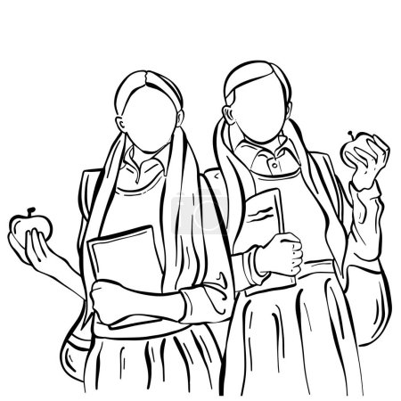 Ce dessin noir et blanc montre deux filles vêtues d'uniformes scolaires. Ils sont debout ensemble, chacun avec un livre en main, peut-être engagé dans une conversation ou d'étudier. Les détails capturent l'essence de la vie scolaire des jeunes.