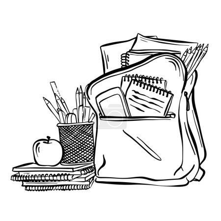 Un dessin détaillé en noir et blanc représentant un sac à dos rempli de diverses fournitures scolaires telles que carnets, crayons, stylos, règles et gommes à effacer. Le sac à dos est présenté dans un style réaliste, avec des ombres complexes pour créer profondeur et dimension.