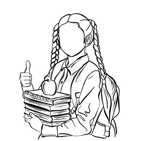 A black and white drawing of a girl holding a book and giving a thumbs up gesture.