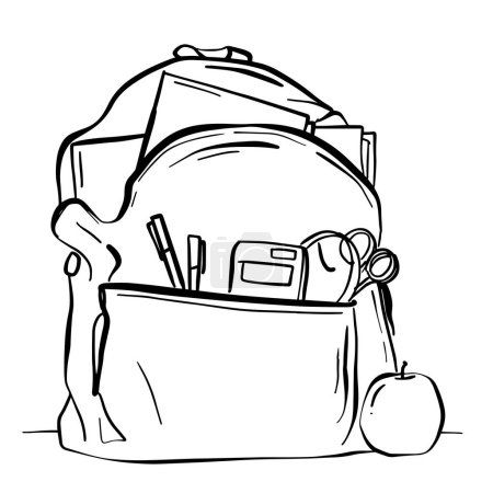 A detailed black and white drawing of a backpack overflowing with essential school supplies like notebooks, pens, pencils, rulers, and erasers.