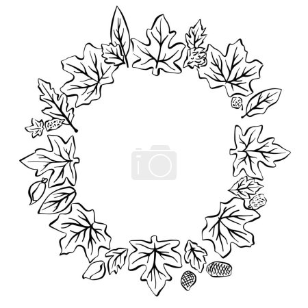 A detailed black and white drawing of a leaf wreath, elegantly designed with various types of leaves, encircling a central empty space, on a clean white background.