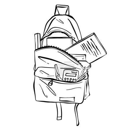 Diese Schwarz-Weiß-Zeichnung zeigt die detaillierte Darstellung eines klassischen Rucksacks. Das aufwändige Design unterstreicht die verschiedenen Träger, Fächer und Reißverschlüsse, die typisch für dieses funktionale Accessoire sind.