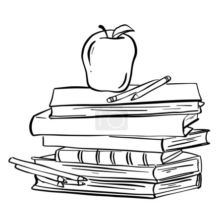 A black and white drawing featuring a neatly stacked pile of books with an apple on top. The books vary in size and thickness, while the apple is perfectly round.