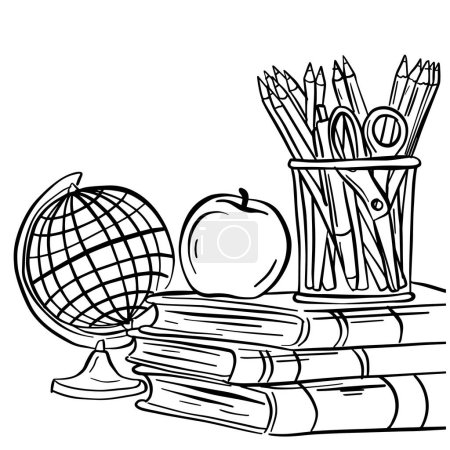 various school supplies such as pencils, pens, and a globe. The pencils and pens are scattered around, and the globe is prominently displayed in the center. Children can color in these educational tools to create a fun and interactive learning experi