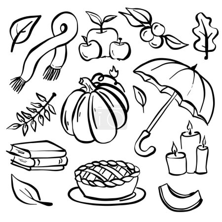 A collection of various autumn-themed icons depicted in black and white. Icons include leaves, pumpkins, acorns, scarecrows, and apples, symbolizing the fall season.