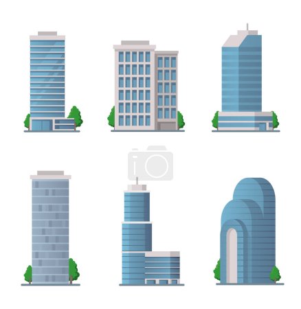 Ilustración de Los edificios modernos y las ciudades tienen iconos de vector plano - Imagen libre de derechos