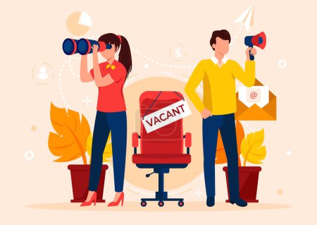 Illustration for Composition with office chair, blank sign, and inscription we are hiring with icons in the background. Business recruitment concept. Vector illustration. - Royalty Free Image
