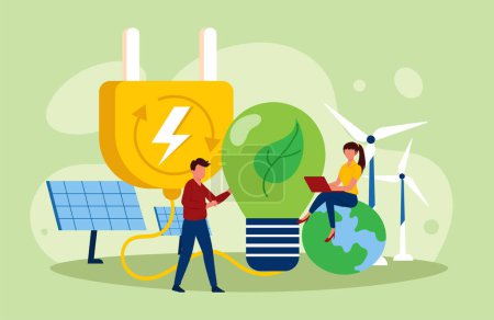 Illustration for Renewable energy vector illustration concept. Renewable electric power station with solar panels and wind turbines. Clean electric energy from renewable sources sun and wind. - Royalty Free Image