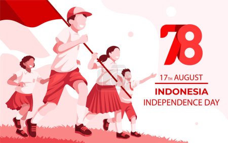 Téléchargez les illustrations : 78e anniversaire 17 août Indonésie bannière de la fête de l'indépendance, illustration indonésienne du lever du drapeau. - en licence libre de droit