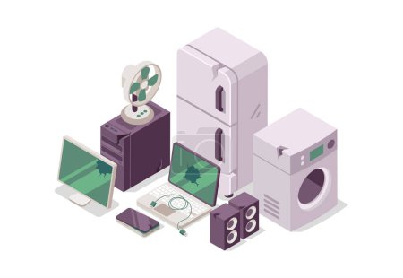 Illustration for E-waste electronic equipment pile. Waste management concept. Isometric view. Vector - Royalty Free Image