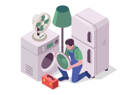 Illustration for Isometric household appliances repair concept. Repair support service - Royalty Free Image
