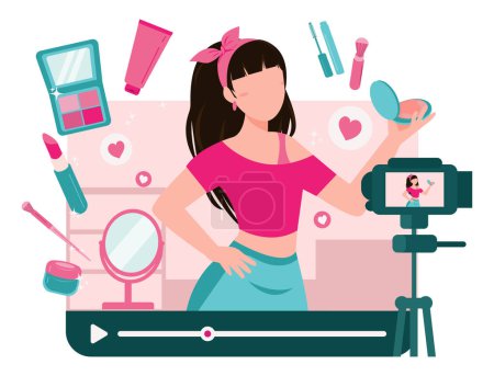 Illustration for Beauty blogger recording makeup tutorial video for her vlog. Women talking and showing cosmetic products in front of the camera. Colored flat vector illustration of vlogger isolated - Royalty Free Image