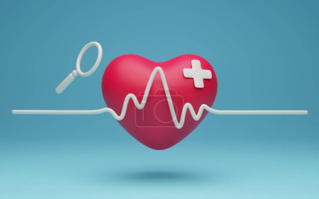 Téléchargez les photos : Coeur rouge avec ligne d'impulsion blanche, Verre grossissant. santé médicale concept 3d. Illustration de rendu 3D - en image libre de droit