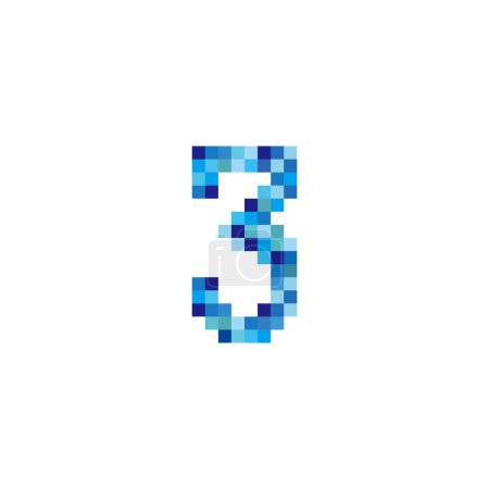 Téléchargez les illustrations : Nombre 3 pixels, simple symbole de logo vectoriel bleu - en licence libre de droit