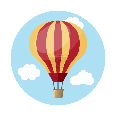Téléchargez les illustrations : Ballon rouge et jaune dans le ciel. ballon pour voler avec panier dans l'air chaud. vecteur plat fond de dessin animé - en licence libre de droit