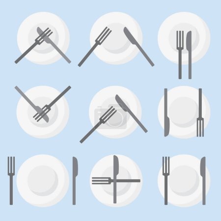 Restaurant etiquette, language of cutlery, eating signs, rules. ceramic plate with knife and fork in different positions.sign of the end of meal, dissatisfaction with food.vector flat dishes.