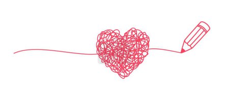Gribouillis de coeur grincheux entrelacé dessiné avec un crayon en ligne mince, en forme de diviseur. Isolé sur fond blanc. Illustration vectorielle