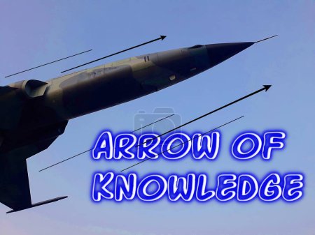 Photo for Illustration arrow of knowledge on Selective focus Replica of the cockpit of a military jet warplane background - Royalty Free Image