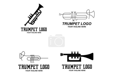 Téléchargez les illustrations : Trumpet logo design, generate melody, musical instrument vector sketch illustration - en licence libre de droit