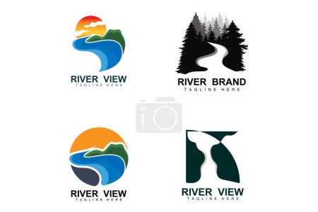 Téléchargez les illustrations : River Logo Design, River Creek Vector, Illustration Riverside avec une combinaison de montagnes et de nature, Marque de produit - en licence libre de droit