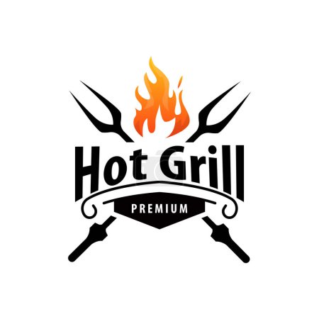 Téléchargez les illustrations : Logo BBQ Hot Grill, Timbre d'étiquette design vintage typographie barbecue, Restaurant Logo, Café, Bar Simple - en licence libre de droit