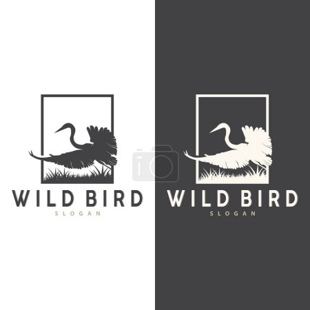 Ilustración de Logo de pájaro cigüeña, garza, hierba y diseño de río, ilustración de plantilla simple vectorial - Imagen libre de derechos
