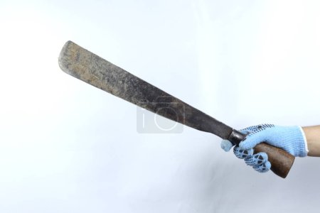 Photo for Gloved hand holding machete isolated on white background - Royalty Free Image