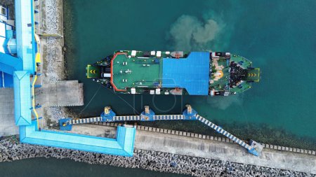 Photo for Aerial View of a Ferry Boat Anchored at Gorontalo Harbor in the Morning - Royalty Free Image