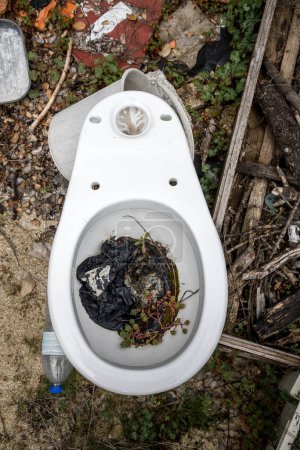 Téléchargez les photos : Toilettes anciennes, hors d'usage et laissées au hasard dans la nature. Pollution de l'environnement. - en image libre de droit