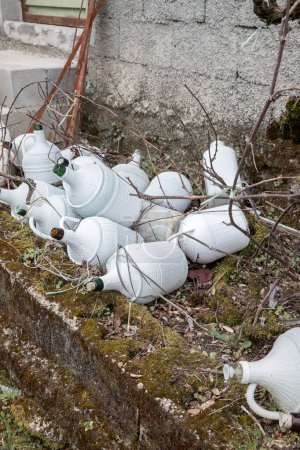 Photo for Set of old and unused wine demijohns left at random in a vineyard. Bottles waiting to be recycled and later reused. - Royalty Free Image
