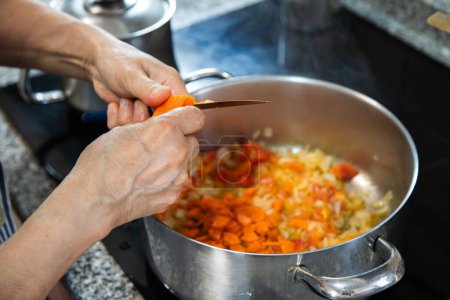 Détail d'une personne cuisinant des aliments sur la plaque électrique avec des casseroles et coupant la nourriture pour faire le ragoût. Concept ménage, cuisine à la maison.