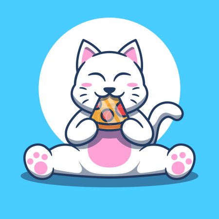 Cute white cat eating pizza cartoon vector illustration