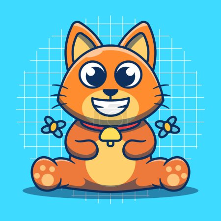 Cute orange cat mascot with bell on neck sitting cutely vector illustration